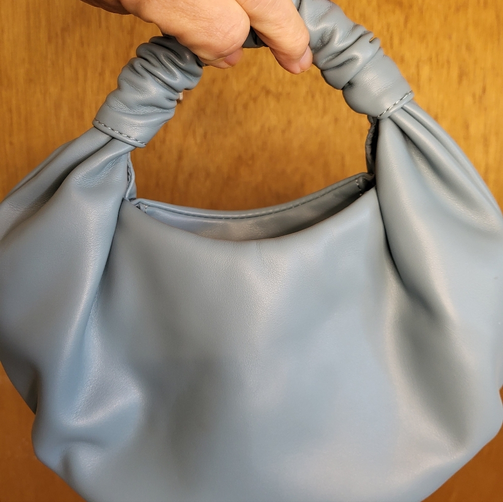The Drop Addison Soft Faux Leather Ruched Top Handle Bag. Dusty Blue - Picture 7 of 16
